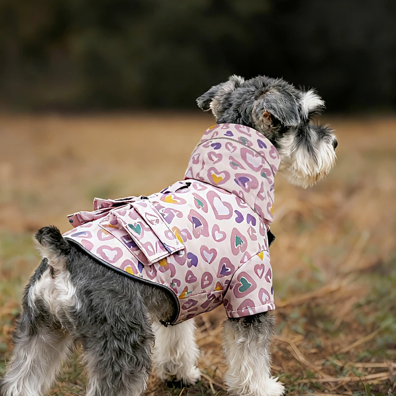 Heart-Print Hooded Dog Raincoat