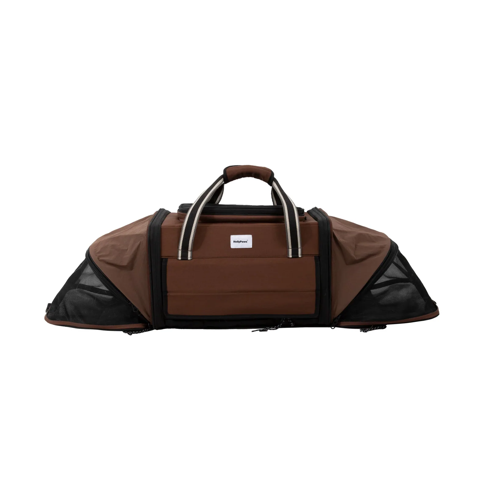 Nut brown pet carrier with both side sections expanded