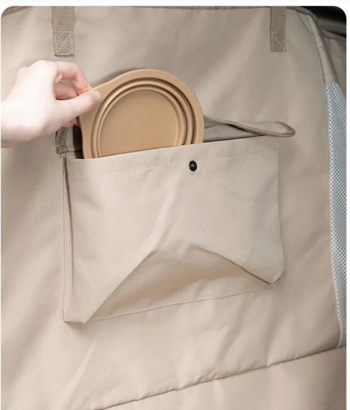 Integrated storage pocket holding a collapsible pet bowl