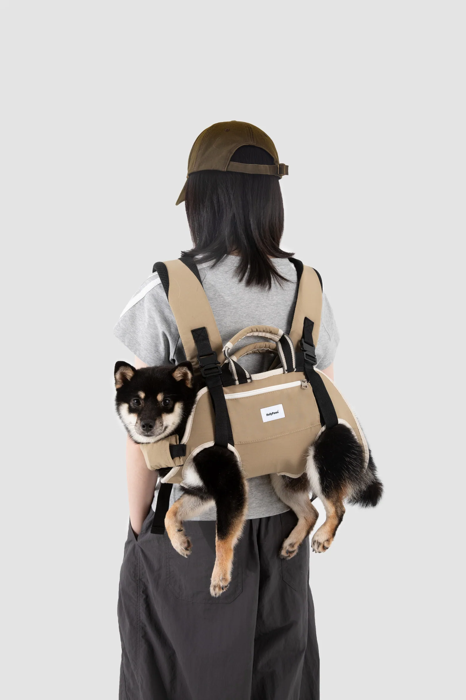 Shiba Inu carried in the Clay Brown backpack from the rear