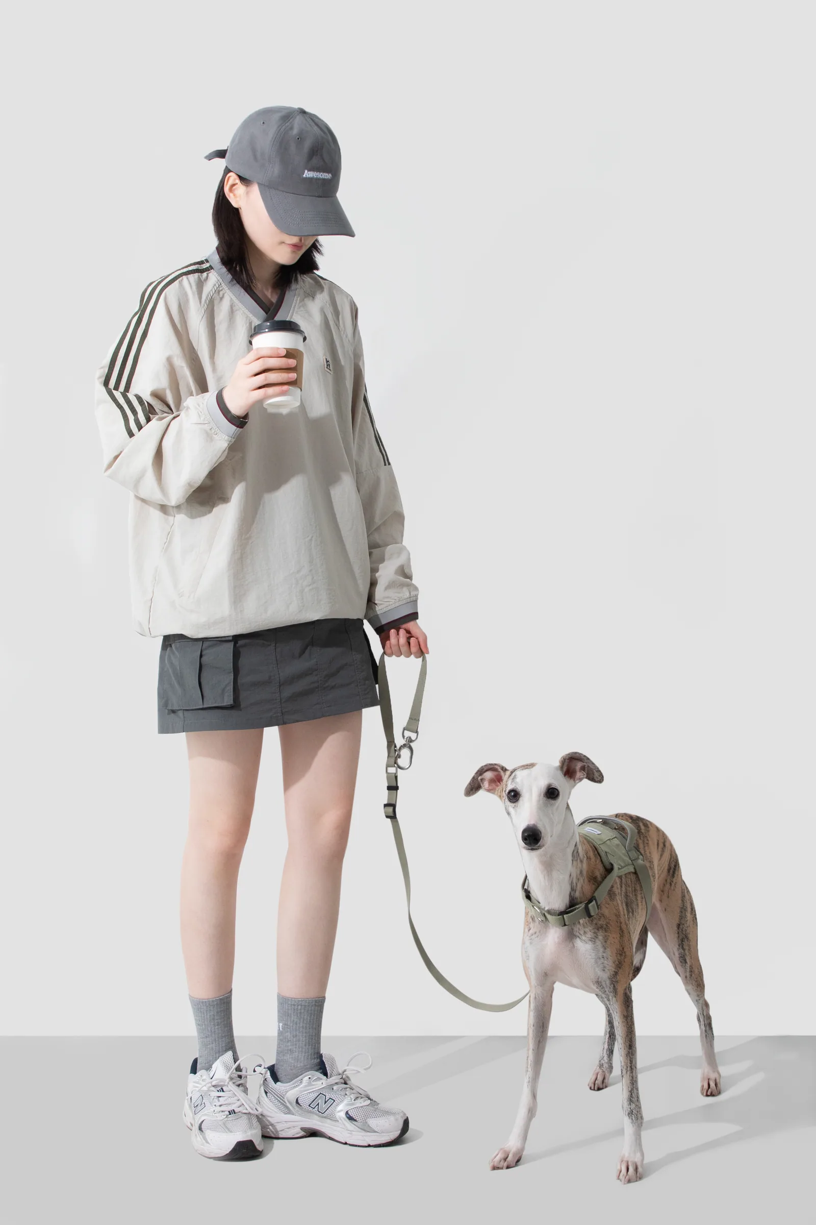 Dog wearing the Olive Green harness during a supervised walk