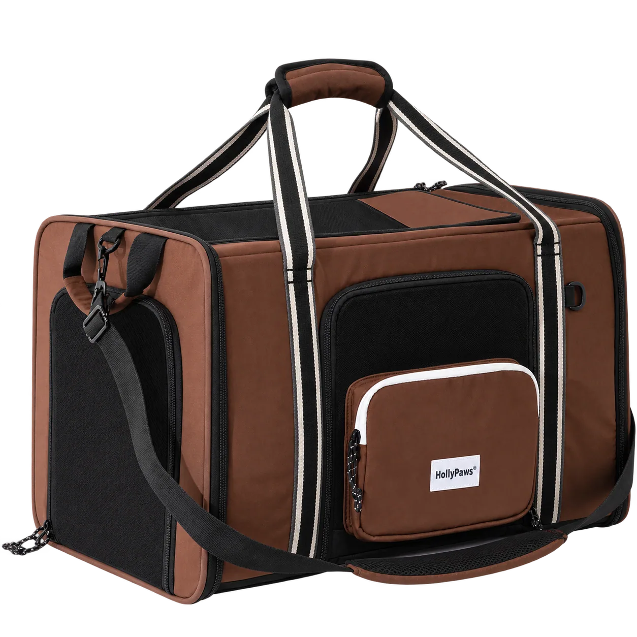 Angled view of the carrier, front pocket and striped handles