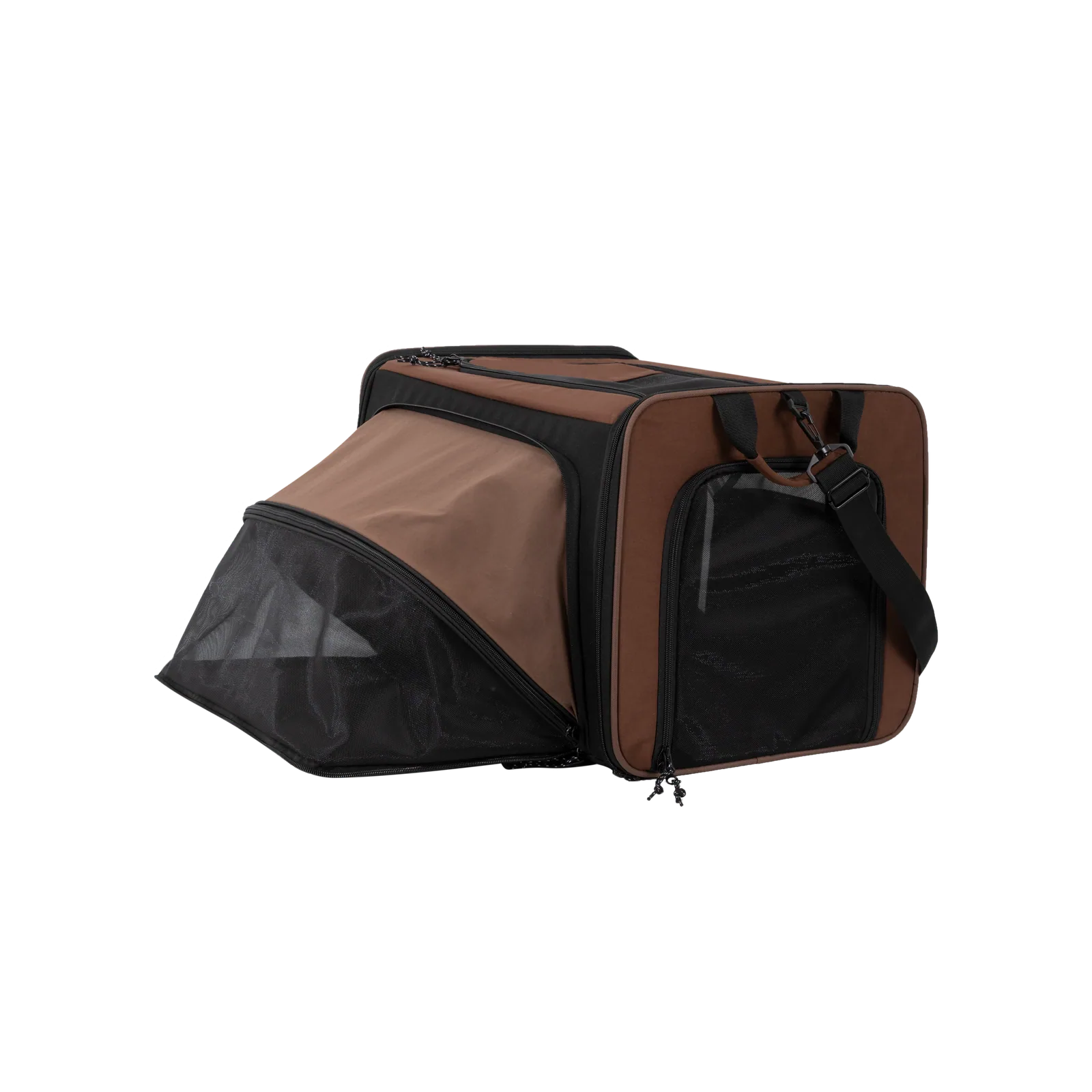Expanded carrier structure with mesh tent and shoulder strap