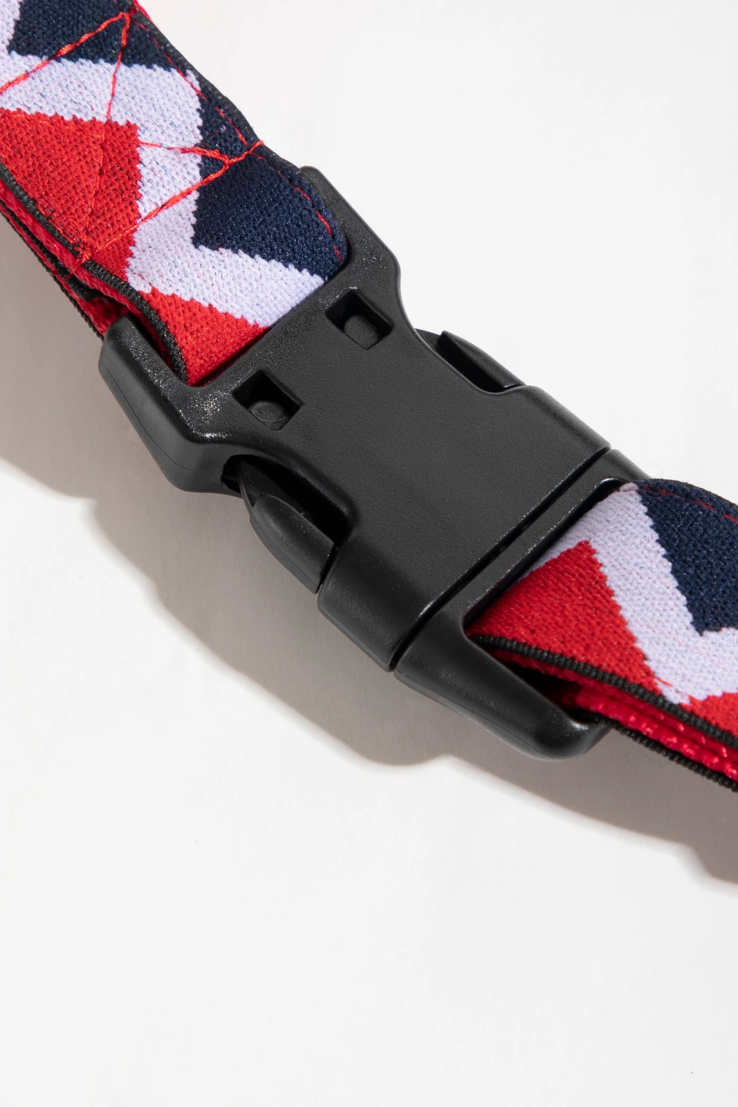 Close-up of reverse buckle and stitched webbing joints